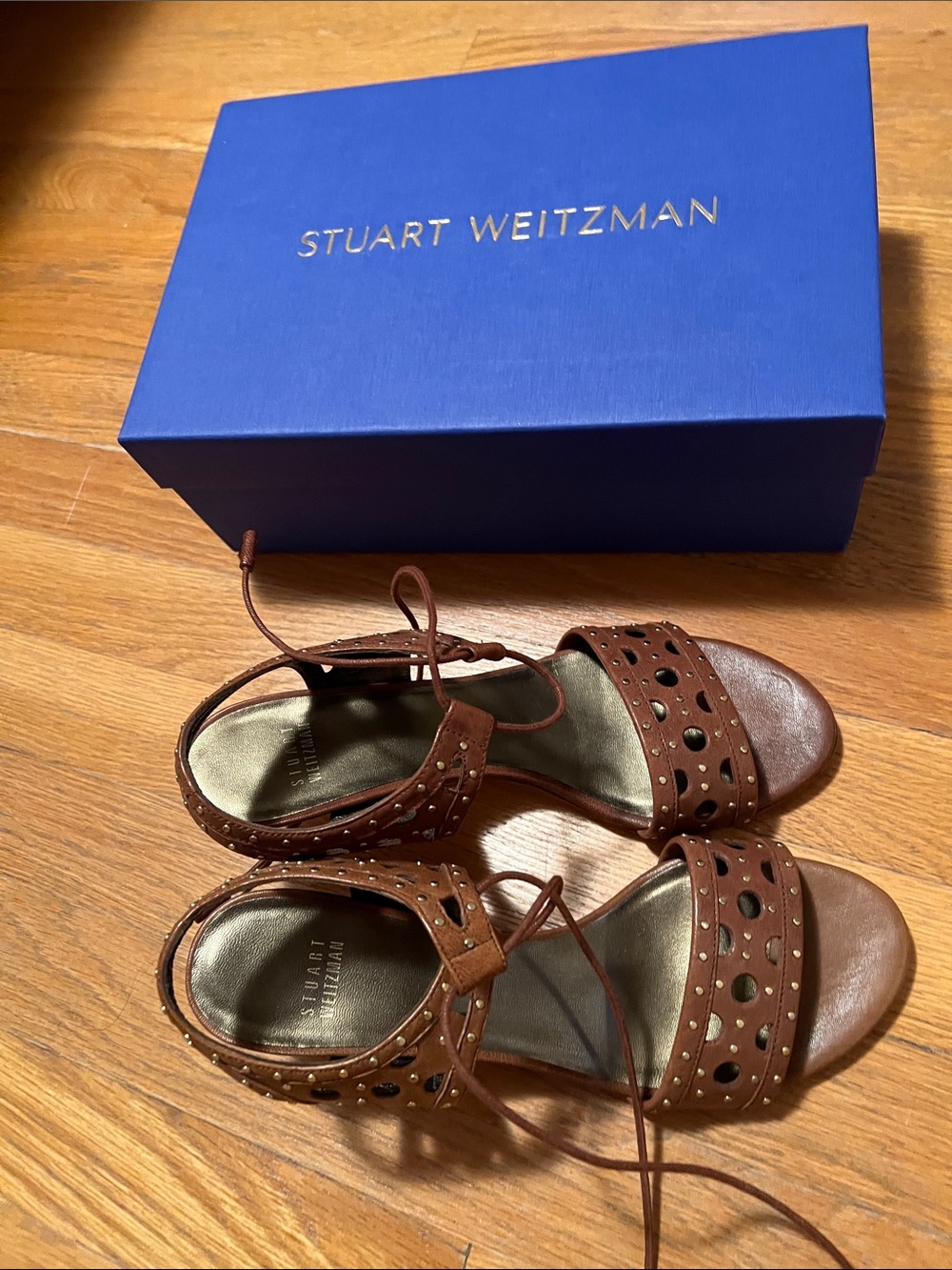 Stuart Weitzman Brown Leather Perforated Stud Sandals with Lace Ties